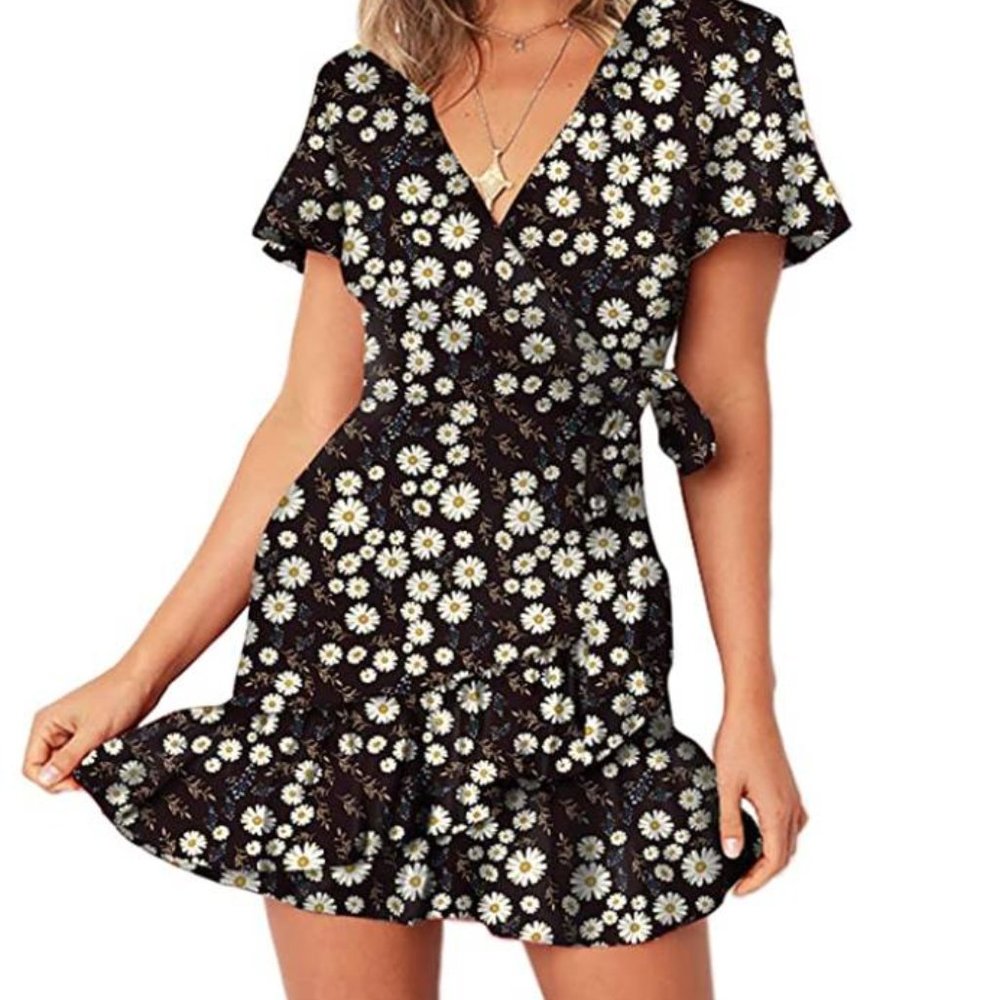 Summer Women Short Sleeve Print Dress V Neck Casua